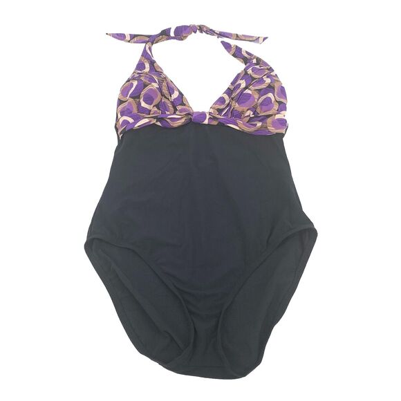 Kenneth Cole Halter Top One Piece Swimsuit Size 6 Womens Purple Cream Black M - Picture 1 of 7